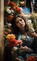 a girl sitting on a bench near flower arrangement
