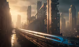a train is going down a railroad track near a city at night,a high speed train on the tracks in a city with skyscrapers