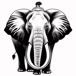 an elephant with a tusk and ear tags,an elephant standing upright on a white background