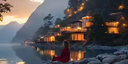 a girl in red sitting on the shore at dusk looking out over a lake with lit buildings beside her