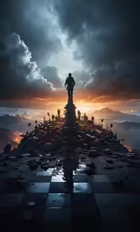 a man stands atop the top of a statue