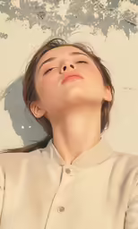 a young woman looking upwards in a white shirt