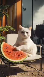 a white cat sitting on a chair next to a sliced watermelon