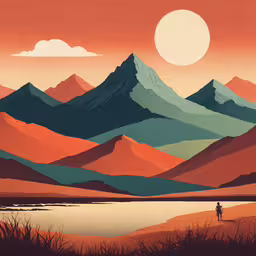 an illustration of a person walking in the mountains,a painting of mountains and a lake with grass on each side