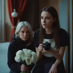 a woman holding a bouquet of flowers is standing next to another woman holding a camera