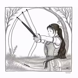 a drawing of a woman with an arrow,an illustration of a girl holding a bow and aiming her arrows,a girl with a bow and arrow,a drawing of a girl aiming a bow,a drawing of a girl holding onto a bow