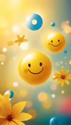 two yellow smiley faces on a wall with flowers