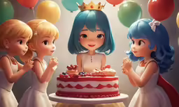 three little girls are gathered around a birthday cake