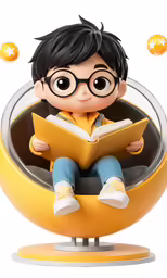 a small boy sitting in an egg chair with a book