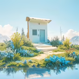 an empty house on the side of a lake with mountains in the background