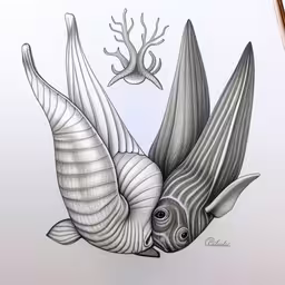 two pencil drawings that are in the shape of animals