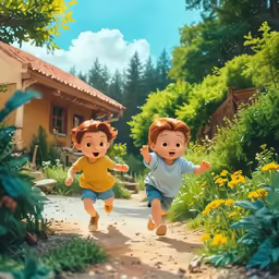 a couple of kids running down a path together