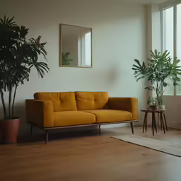 a living room with an orange couch and a table