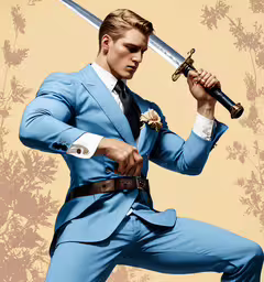 a man in a suit holding up a large sword,a man wearing a suit is holding a sword