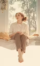 the woman sits on the bed as she looks out of the window