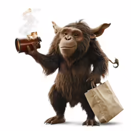 a big furry animal is holding a small bag and something
