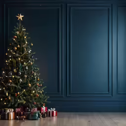 a small christmas tree sits in an empty room with presents under it