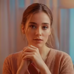 the woman in brown sweater is looking off to her left