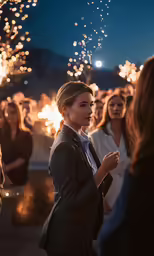an image of a woman looking at the sky with lights in the background