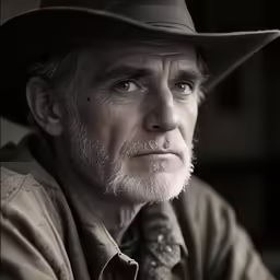 a middle - aged cowboy poses for the camera