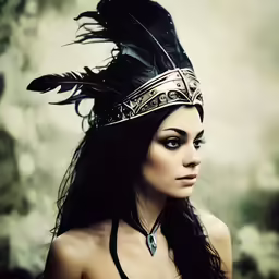 a woman wearing a feather headdress and jewelry