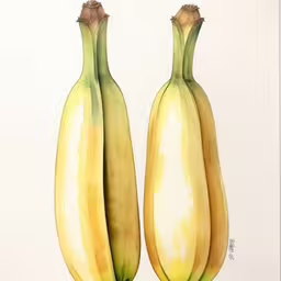 two ripe bananas stand next to each other,two yellow bananas with the top one almost as ripe as the others