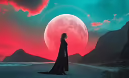 a woman in a long black dress walks across a desert with mountains behind her as the sun sets