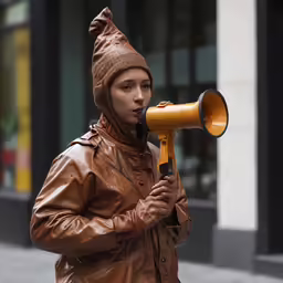 a female wearing leather clothes with a brown jacket, brown hat and an orange megaphone