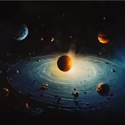 many planets in a blue sky with stars