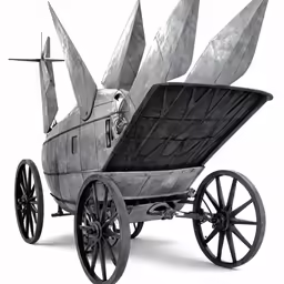 an old fashioned horse - drawn cart with many blades on it