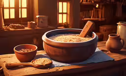 the bowl and spoon are on the table near the pot,a close up of a bowl of food and bowls on a table