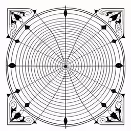 a round shaped piece with some birds on it,a circular motif that resembles vines, leaves, and flowers,an artistic black and white drawing of a flower,the circular drawing with arrows, and two lines,an ornate design with black lines on white paper
