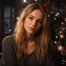 a beautiful young blonde woman sitting in front of christmas lights