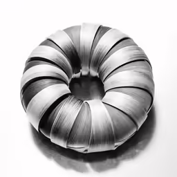 an open grey doughnut sitting on top of a white counter