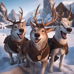 three funny reindeers smile for the camera with their heads and mouths