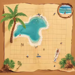 a beach with palm trees, sand and boats and people,a paper cut out with various different things on it