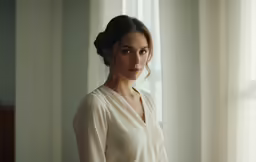 a beautiful woman in white is looking out a window