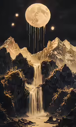a painting with mountains and waterfalls in the background