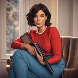 a woman sitting on top of a chair holding files