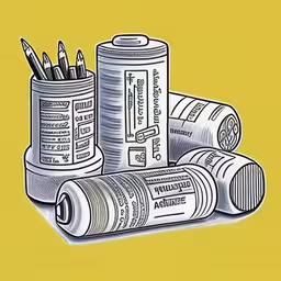pencils, paint, erasers and cans are shown in this drawing,an ink pen drawing of cans and pencils,some pencils sitting on top of each other,three pencils are sitting next to two tins,pencils, erasers, and paper are sitting together