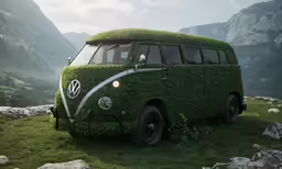 a vw bus covered in grass with the wording volkswagen on it
