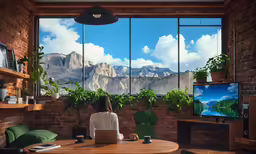 woman sitting at table with laptop looking out window