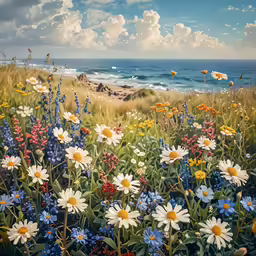 the colorful flowers and the shore make a wonderful backdrop