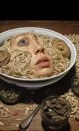 this is a woman with her head in noodles