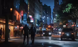 two men walking on a city street at night