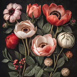 a bunch of flowers on display with leaves