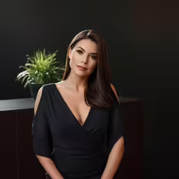 a woman with long brown hair wearing a black dress