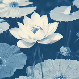 water lilies in blue tones with water drops