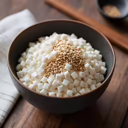 a bowl of marshmallows on top of a wooden surface