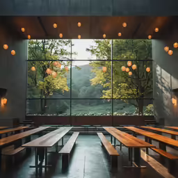view from empty bench inside of building through windows